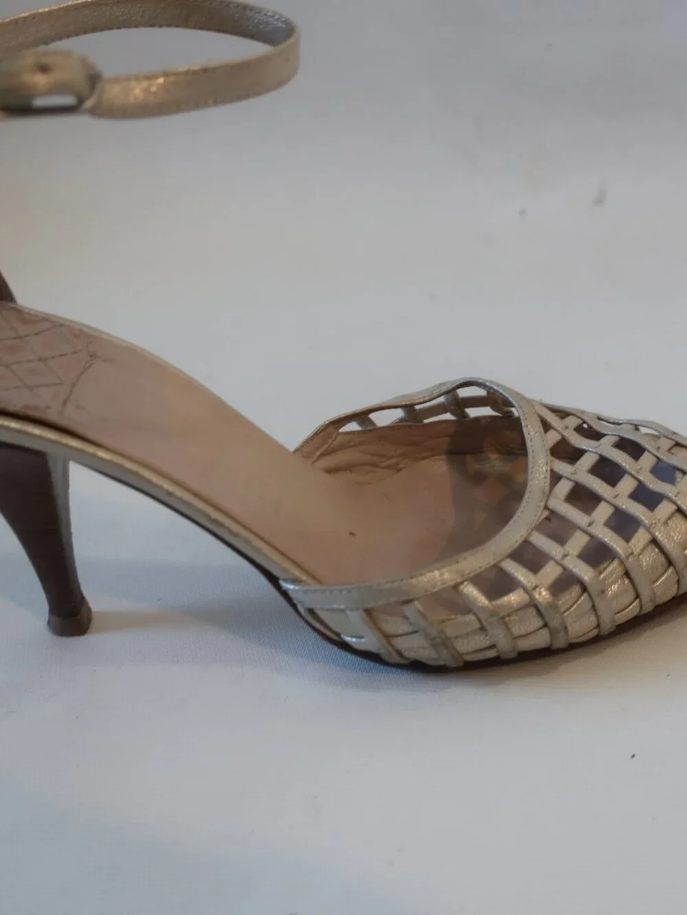 Women Chanel Metallic Champagne Fishnet Leather Ankle Strap Heels 38 EUR/US 8 - Picture 7 of 13